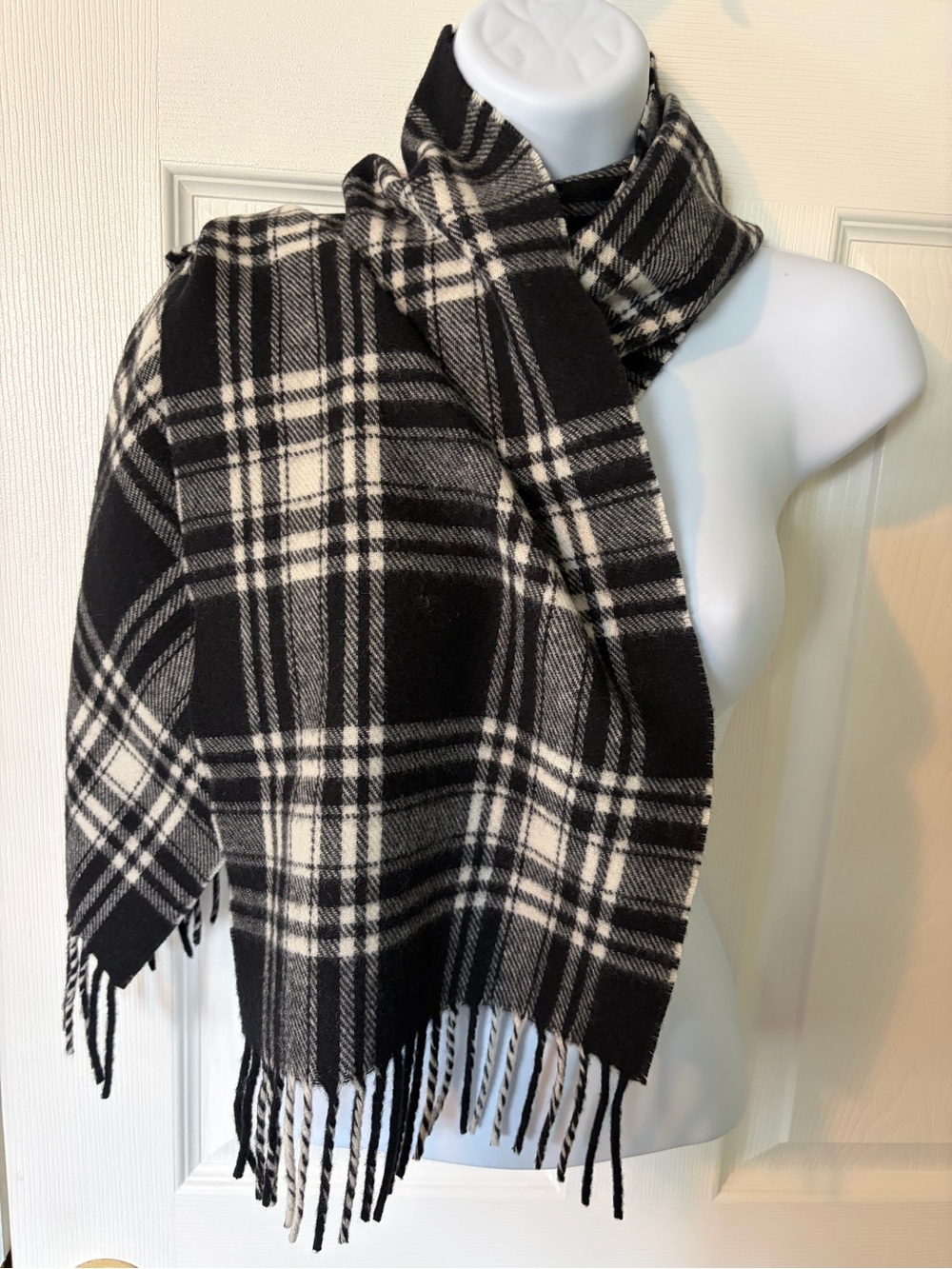 Black & White Plaid Fringe Wrap Scarf - Women Accessories
